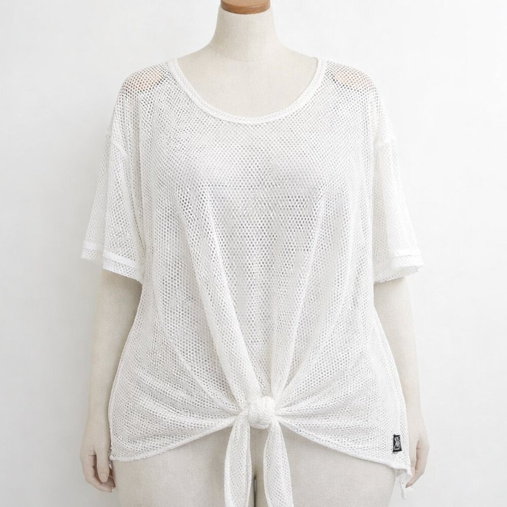 ROUGE Collection White Mesh Tie Front Top Plus Size 4X Sheer Lightweight